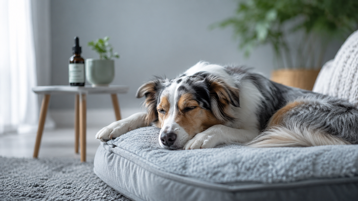 Entspannter mittelgroßer Hund ruht friedlich auf einem weichen Hundebett in einem hellen Wohnzimmer, während eine unscharfe CBD-Öl-Flasche für Haustiere im Hintergrund steht.