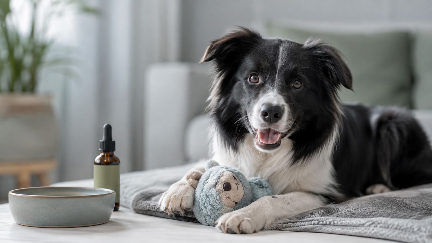 Glücklicher Hund entspannt zu Hause mit Spielzeug, Wassernapf und unscharfer CBD-Öl-Flasche im Hintergrund – authentische Alltagsszene zum Thema Erfahrungen mit CBD Öl für Hunde.