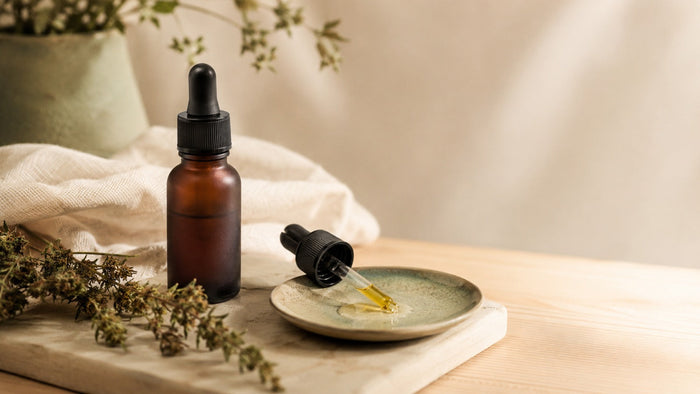 CBD-Öl-Pipettenflasche mit Keramikschale und dezentem Hanf als Stillleben zum Thema mögliche Nebenwirkungen von CBD-Öl.
