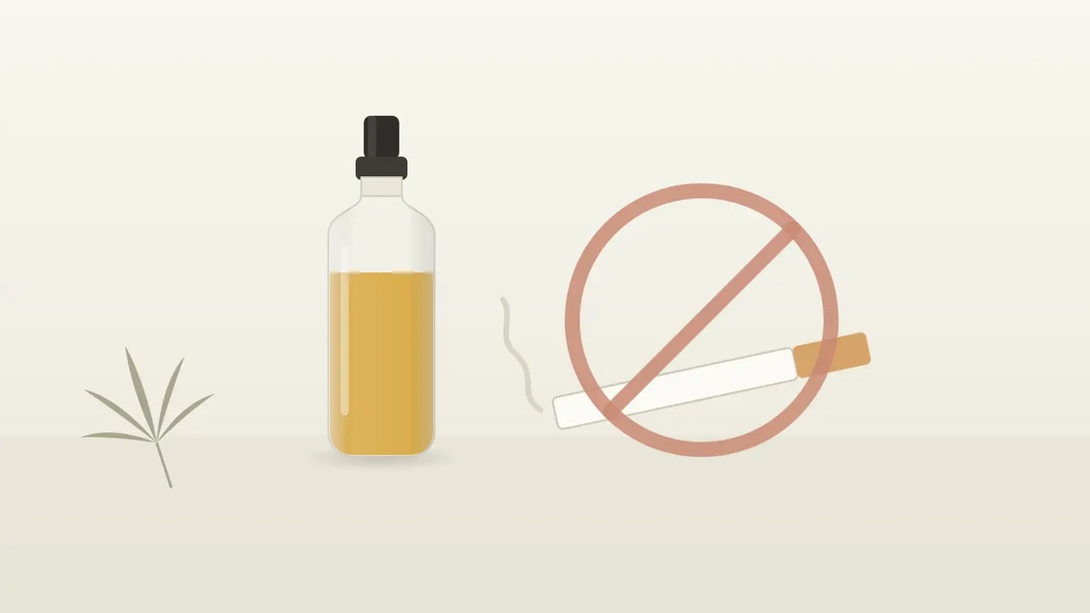 Durchgestrichene Zigarette neben einem CBD-Öl-Fläschchen mit Pipette
