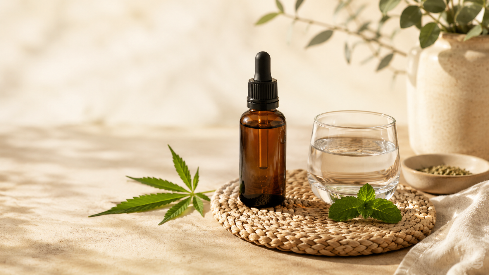 CBD-Öl-Flasche mit Glas Wasser, Minzblatt und geflochtener Unterlage als ruhiges Stillleben zur richtigen Einnahme von CBD-Öl.