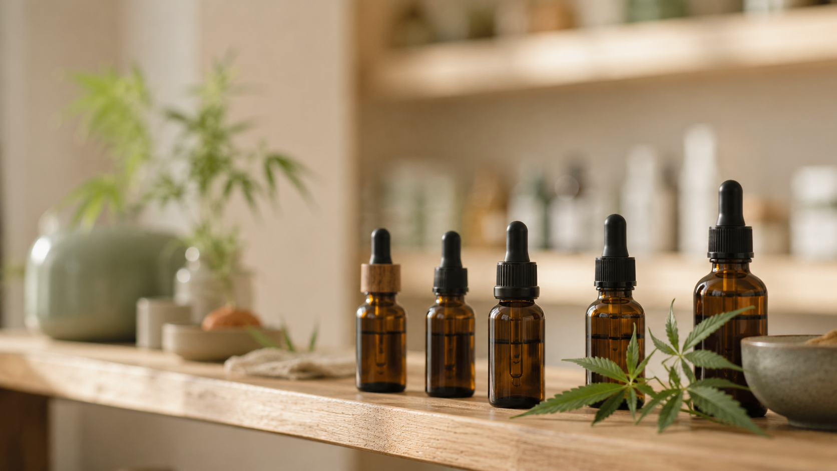 Mehrere CBD-Öl-Fläschchen aus Braunglas in unterschiedlichen Formen stehen auf einem warmen Holzregal vor einem dezent verschwommenen, unmarkierten Hintergrund und symbolisieren den Vergleich von CBD-Produkten aus der Drogerie.