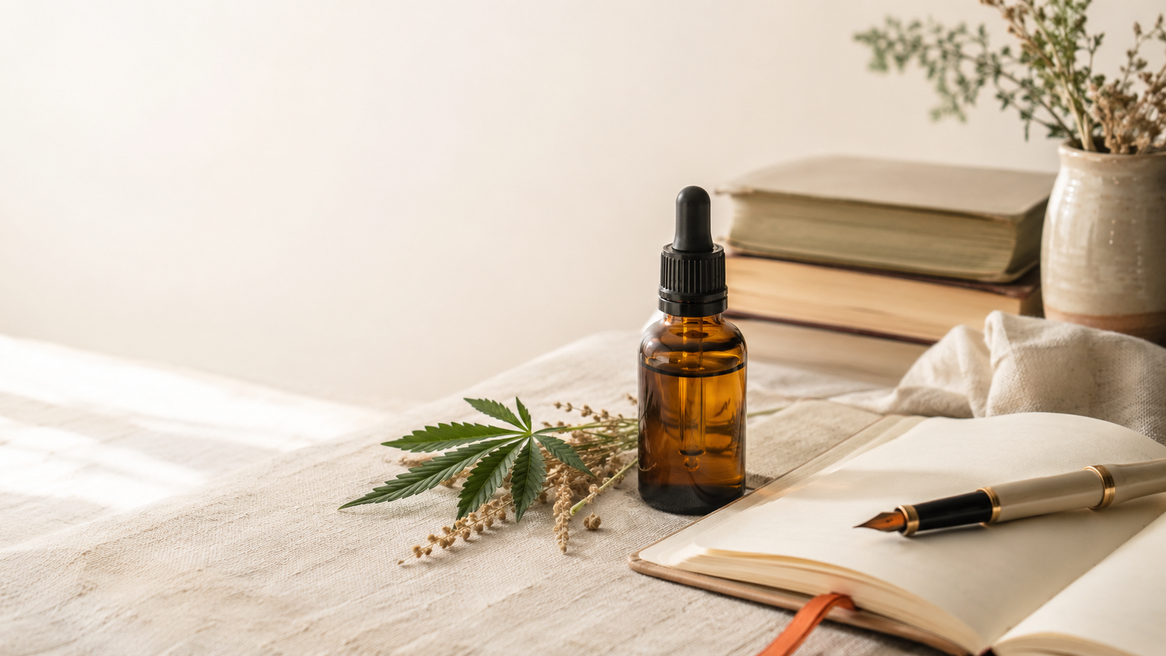 CBD-Öl-Flasche mit Notizbuch, Füllfederhalter und botanischen Elementen in einer ruhigen, hochwertigen Stillleben-Komposition zum Thema CBD bei Schizophrenie.