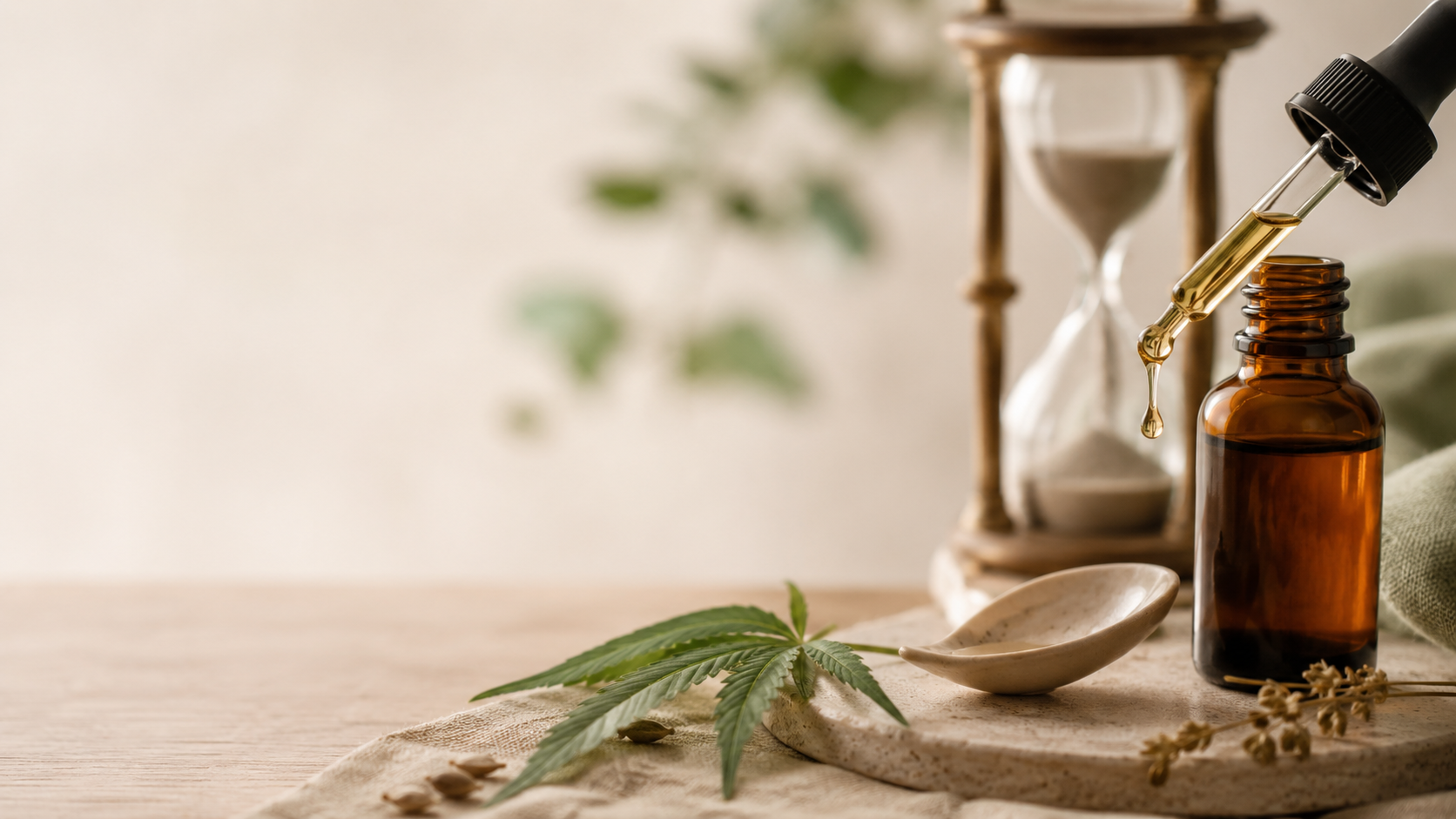 Amber CBD oil dropper with a suspended drop above a ceramic spoon, accompanied by a softly blurred hourglass and a fresh hemp leaf, illustrating the correct CBD oil application technique in a calm wellness setting.