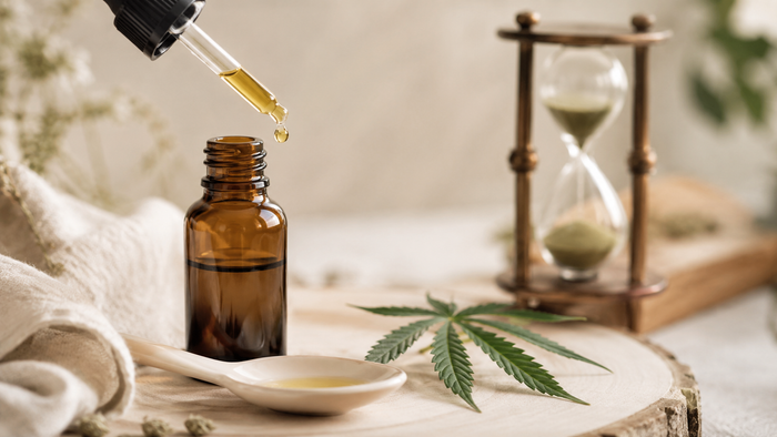 CBD-Öl-Tropfflasche mit schwebendem Tropfen über einem Keramiklöffel, daneben eine Sanduhr und ein Hanfblatt in einer warmen, natürlichen Wellness-Umgebung.