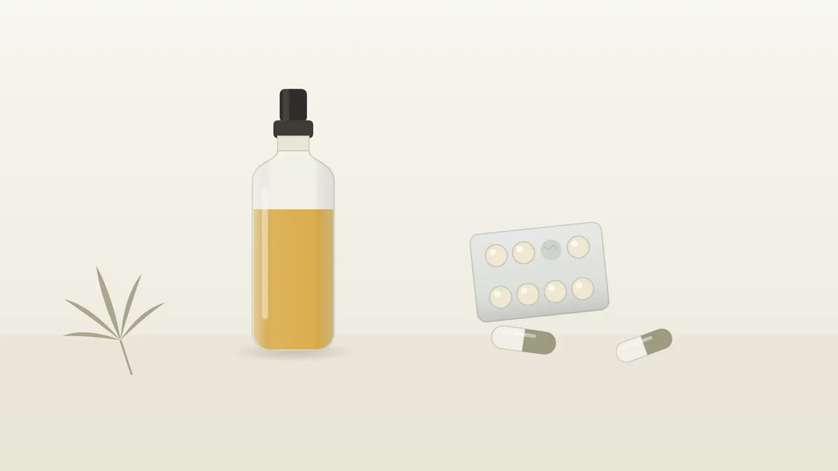 Kapseln und Tablettenblister neben einem CBD-Öl-Fläschchen als Symbol für die Einnahme mit Tamoxifen