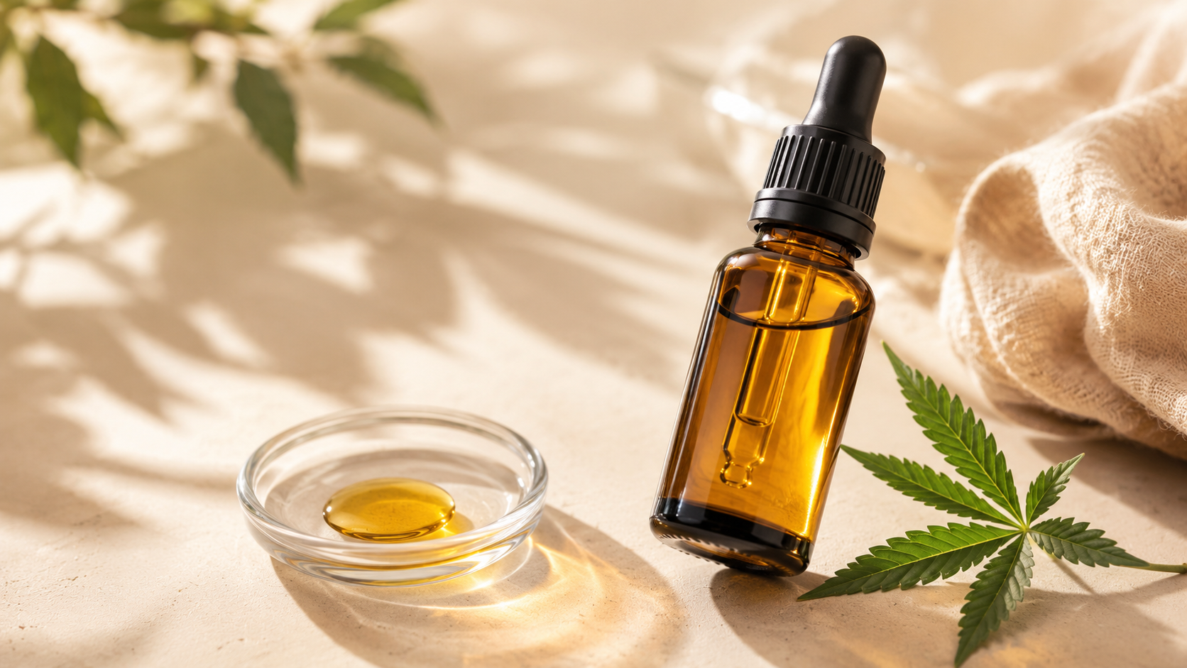 Amber CBD oil dropper bottle with clear golden oil beside a small glass dish and fresh hemp leaf in warm natural light, highlighting purity and quality.