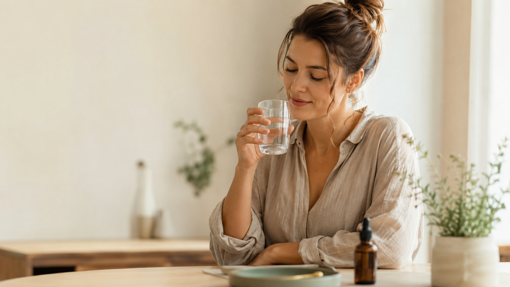 Frau in einer ruhigen Morgenroutine mit einem Glas Wasser, während eine unscharfe CBD-Öl-Flasche auf dem Tisch steht – symbolisches Bild zum Thema CBD Öl und die Pille.