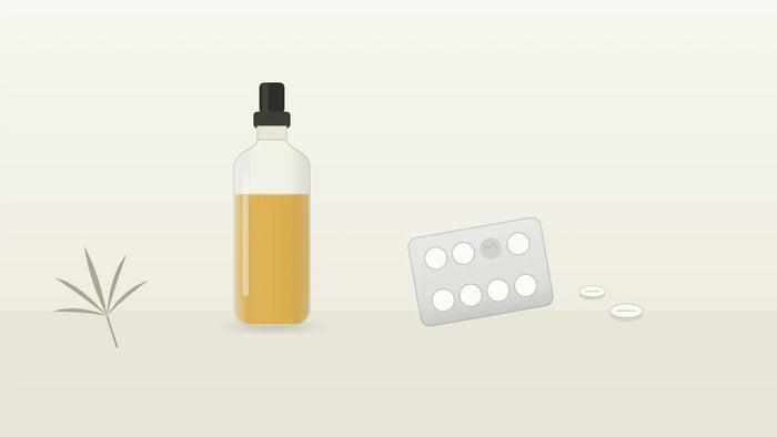 Tablettenblister neben einem CBD-Öl-Fläschchen als Symbol für die Einnahme mit Novalgin