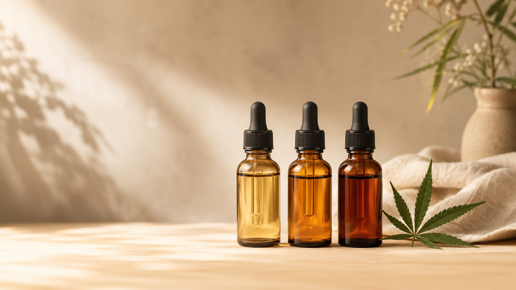 Drei bernsteinfarbene CBD-Öl-Fläschchen mit unterschiedlich intensiven Goldtönen auf einer hellen Holzoberfläche neben einem einzelnen Hanfblatt in einer warmen, minimalistischen Wellness-Umgebung.