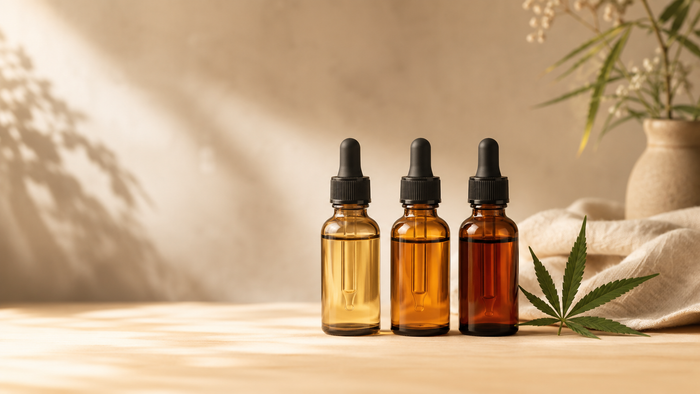Drei bernsteinfarbene CBD-Öl-Fläschchen mit unterschiedlich intensiven Goldtönen auf einer hellen Holzoberfläche neben einem einzelnen Hanfblatt in einer warmen, minimalistischen Wellness-Umgebung.