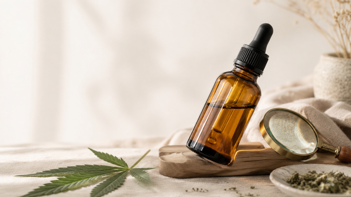 Amber CBD oil dropper bottle tilted for inspection beside a brass magnifying glass and a fresh hemp leaf on a warm linen surface, symbolizing troubleshooting why CBD oil may not be working.