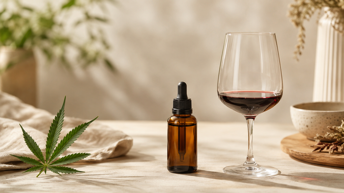 CBD-Öl-Flasche und ein Glas Rotwein mit Abstand auf heller Holzoberfläche als Symbol für die Kombination von CBD und Alkohol.