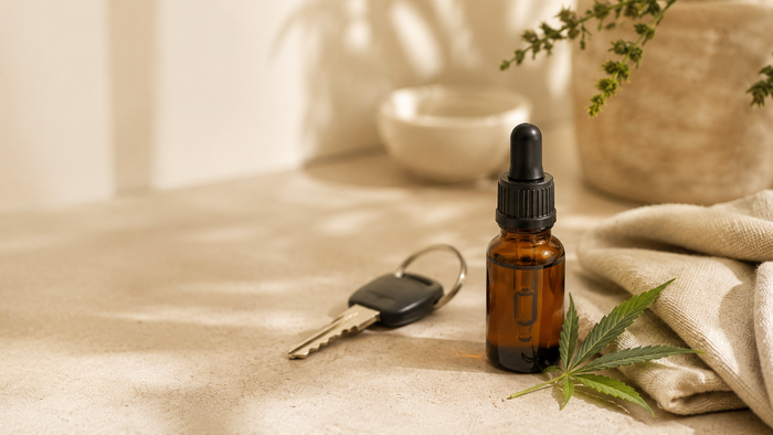 Amber CBD oil bottle beside car keys on a warm natural surface with linen cloth and a fresh hemp leaf, symbolizing responsible CBD use before driving.