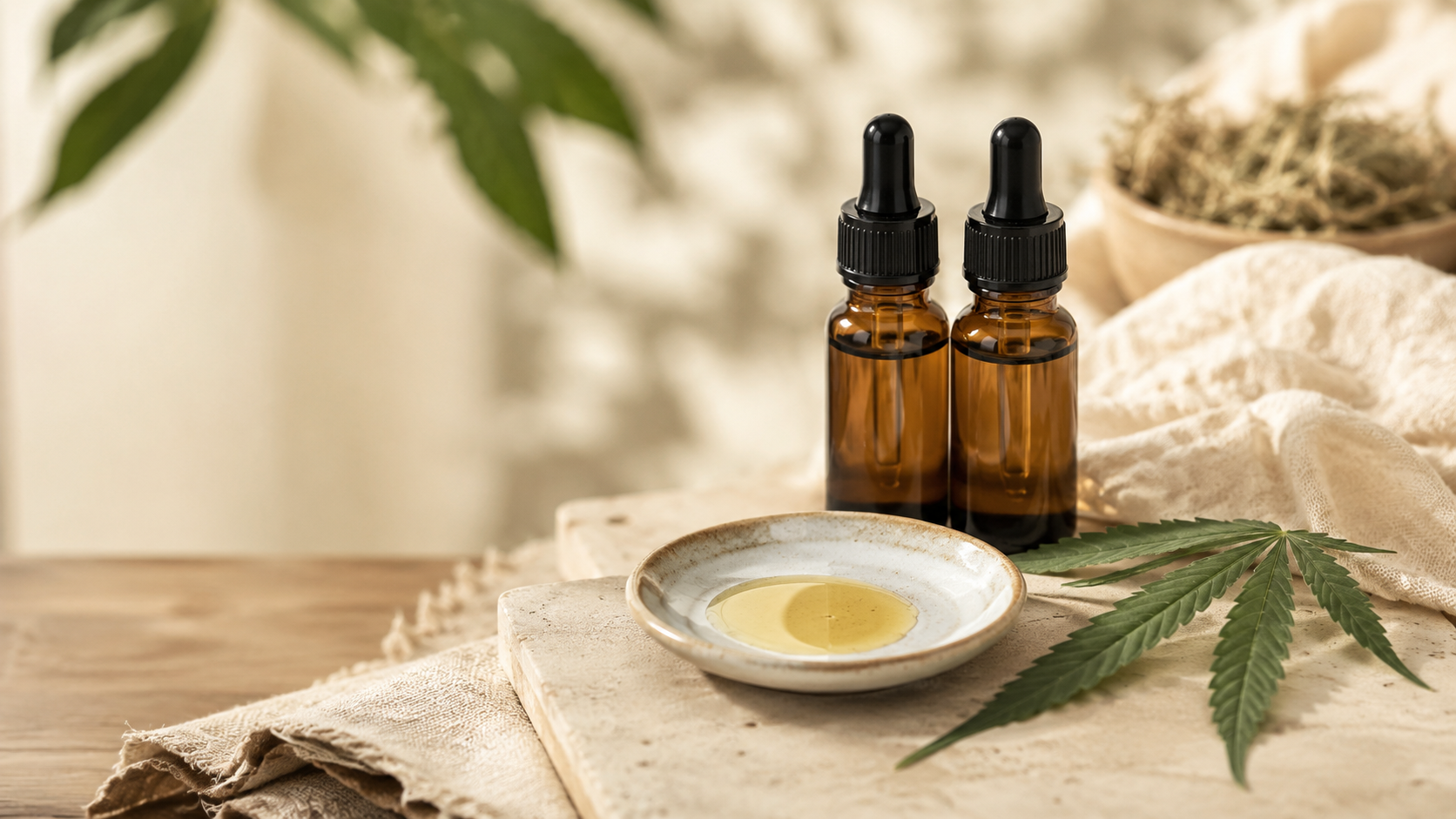 Zwei bernsteinfarbene CBD- und CBG-Ölfläschchen stehen dicht nebeneinander vor einer Keramikschale mit zwei ineinanderfließenden Öltropfen und einem Hanfblatt auf einer warmen, natürlichen Wellness-Oberfläche.