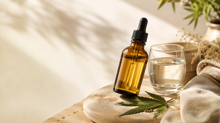 Amber CBD oil bottle with clear golden oil beside a glass of water and a hemp leaf in soft natural light, symbolizing clarity and transparency.
