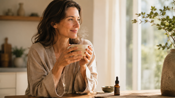 Frau genießt morgens eine Tasse Kaffee in einer hellen Küche, während eine CBD-Öl-Flasche dezent auf dem Tisch steht und die entspannte Morgenroutine symbolisiert.