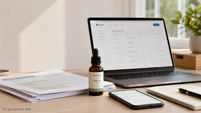 CBD und PayPal: Zahlungseinschränkungen im professionellen Arbeitsumfeld mit CBD-Öl, Laptop und Smartphone