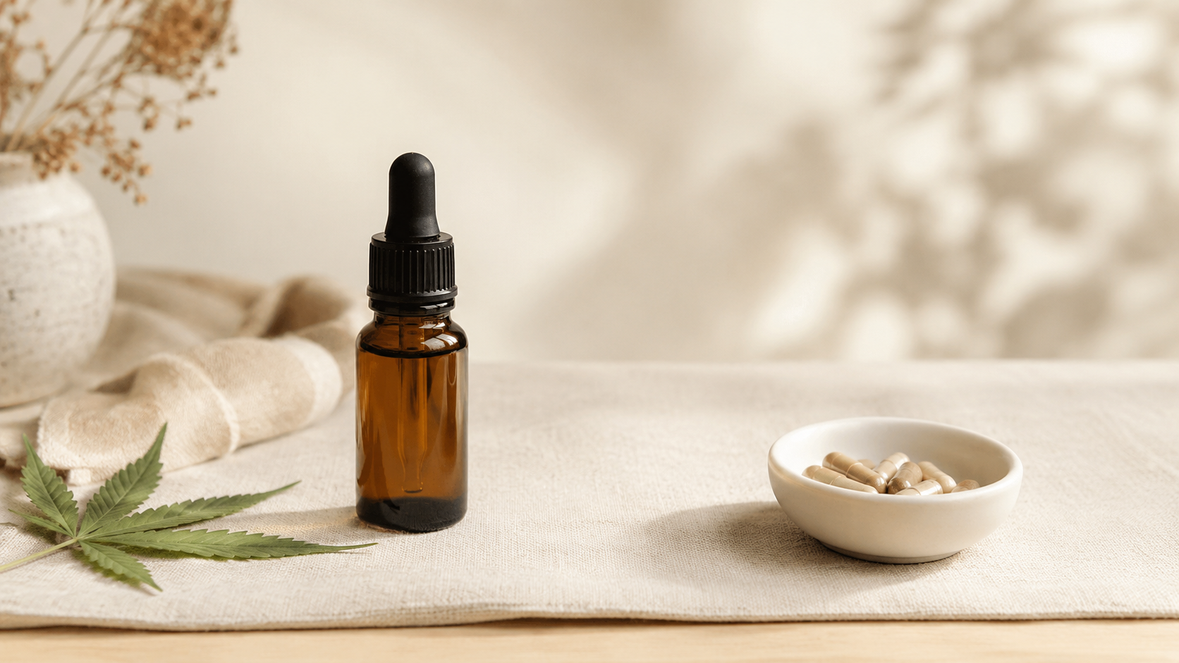 Amberfarbene CBD-Öl-Flasche neben einer weißen Keramikschale mit neutralen Kapseln und einem Hanfblatt, mit bewusstem Abstand als Symbol für mögliche Wechselwirkungen zwischen CBD und Medikamenten.