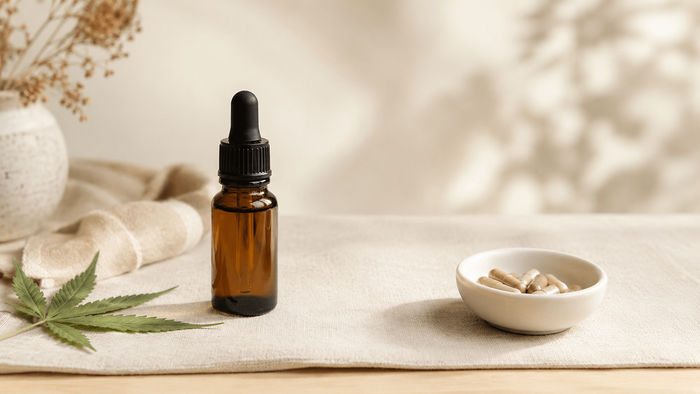 Amberfarbene CBD-Öl-Flasche neben einer weißen Keramikschale mit neutralen Kapseln und einem Hanfblatt, mit bewusstem Abstand als Symbol für mögliche Wechselwirkungen zwischen CBD und Medikamenten.