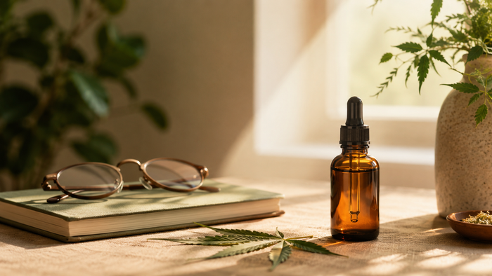 CBD-Öl in einer bernsteinfarbenen Pipettenflasche neben Notizbuch, Lesebrille und Hanfblatt im warmen Tageslicht – symbolische Darstellung von mentaler Klarheit und der Wirkung von CBD im Gehirn.