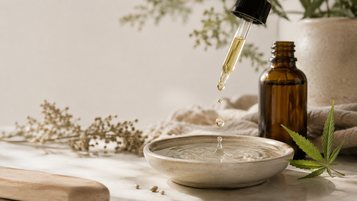 Amberfarbene CBD-Öl-Pipettenflasche mit einem schwebenden Tropfen über einer flachen Wasserschale, sanften Wellen und einem einzelnen Hanfblatt in einer warmen, natürlichen Wellness-Szene als Symbol für die Wirkung von Cannabidiol im Körper.