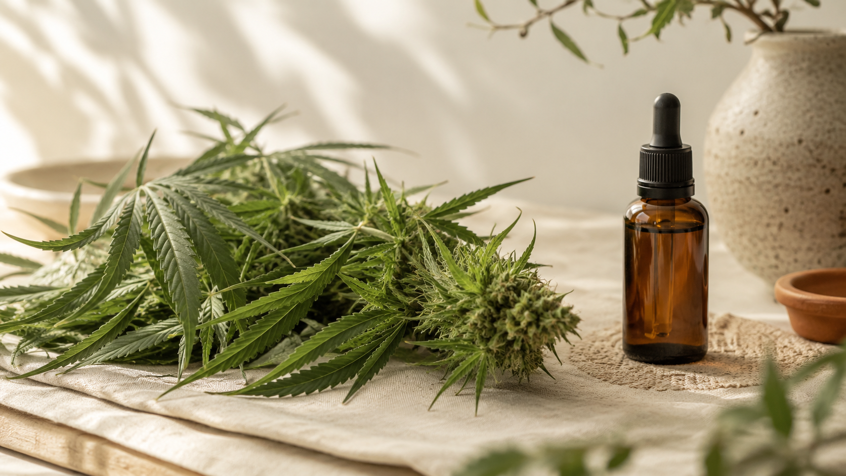 Fresh hemp leaves and an undried hemp flower beside an amber CBD oil dropper bottle on a warm linen surface, symbolising CBDa as the natural precursor to CBD.