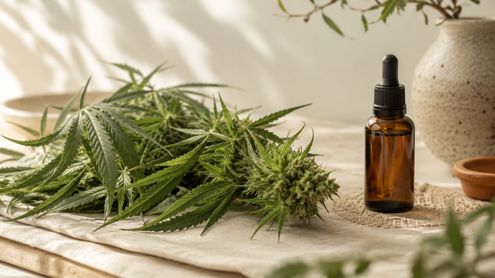 Fresh hemp leaves and an undried hemp flower beside an amber CBD oil dropper bottle on a warm linen surface, symbolising CBDa as the natural precursor to CBD.