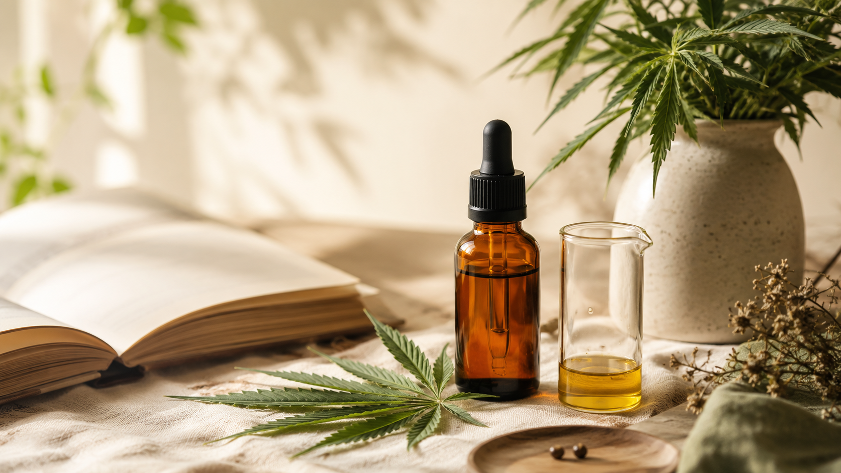 Amber CBD oil dropper bottle with a small glass beaker, fresh hemp leaf, and an open botanical reference book arranged on a warm natural surface in soft daylight, symbolising the study of CBDV (Cannabidivarin).