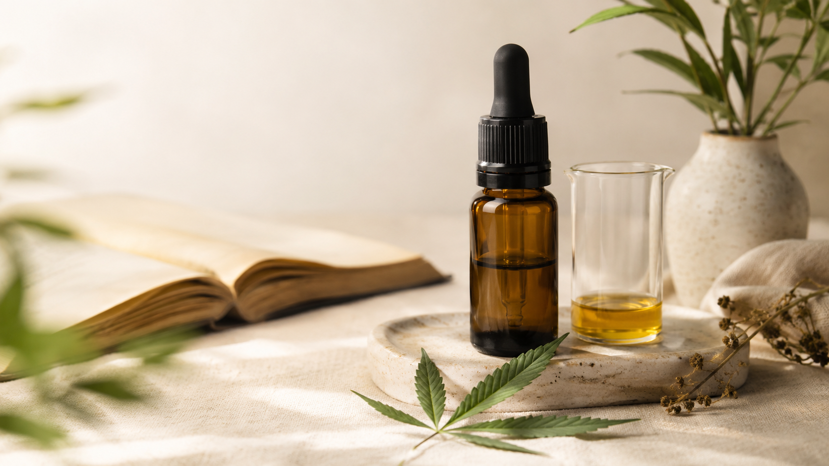 Amber CBD oil dropper bottle beside a small glass beaker with golden oil, a fresh hemp leaf, and an open botanical reference book on a warm wooden surface, illustrating CBDV (Cannabidivarin) in a calm, natural wellness setting.