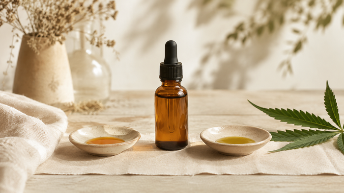 Amber CBD oil dropper bottle centered between two ceramic dishes with subtly different golden oil drops and a fresh hemp leaf on a warm natural background, illustrating the comparison between CBG and CBD.