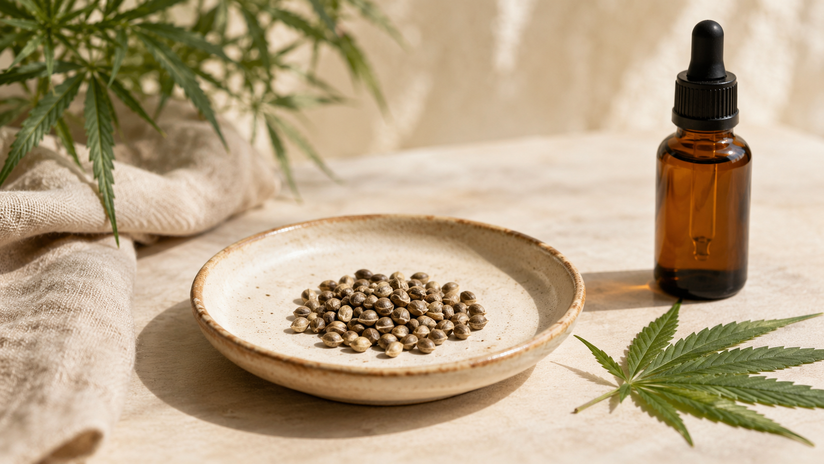 Hanf­samen in einer Keramikschale mit einer bernsteinfarbenen CBD-Öl-Pipettenflasche und einem frischen Hanfblatt als Symbol für CBGA, die Mutter aller Cannabinoide.