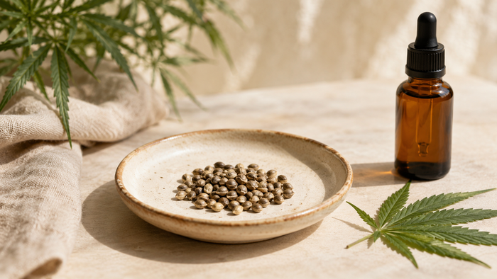 Hanf­samen in einer Keramikschale mit einer bernsteinfarbenen CBD-Öl-Pipettenflasche und einem frischen Hanfblatt als Symbol für CBGA, die Mutter aller Cannabinoide.