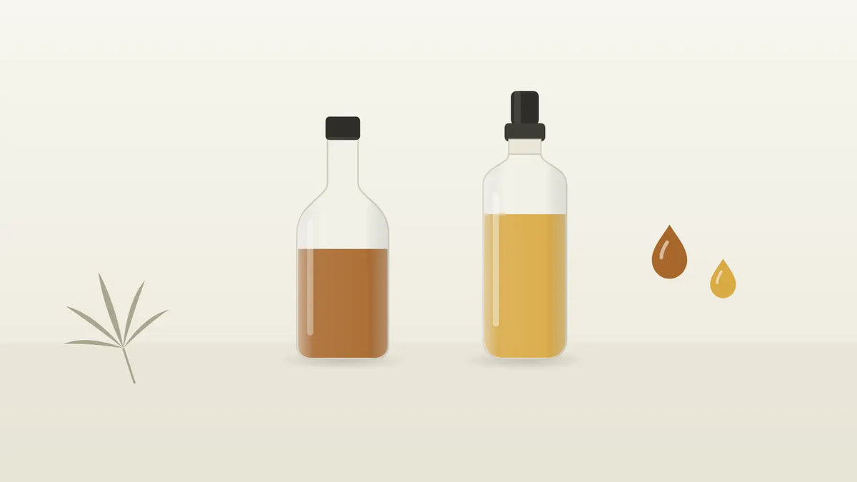 Copaiba-Öl in brauner Flasche neben einem goldgelben CBD-Öl-Fläschchen im Vergleich