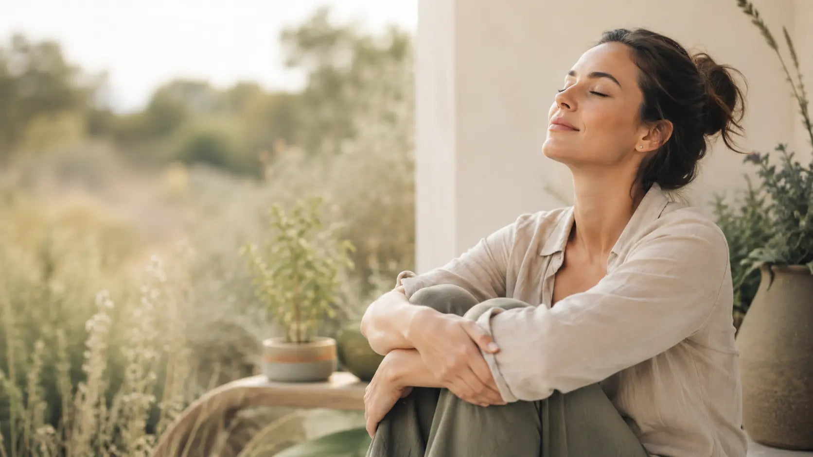 Calm woman relaxing outdoors in soft natural light, illustrating natural stress reduction and healthy lifestyle habits to support lower cortisol levels.
