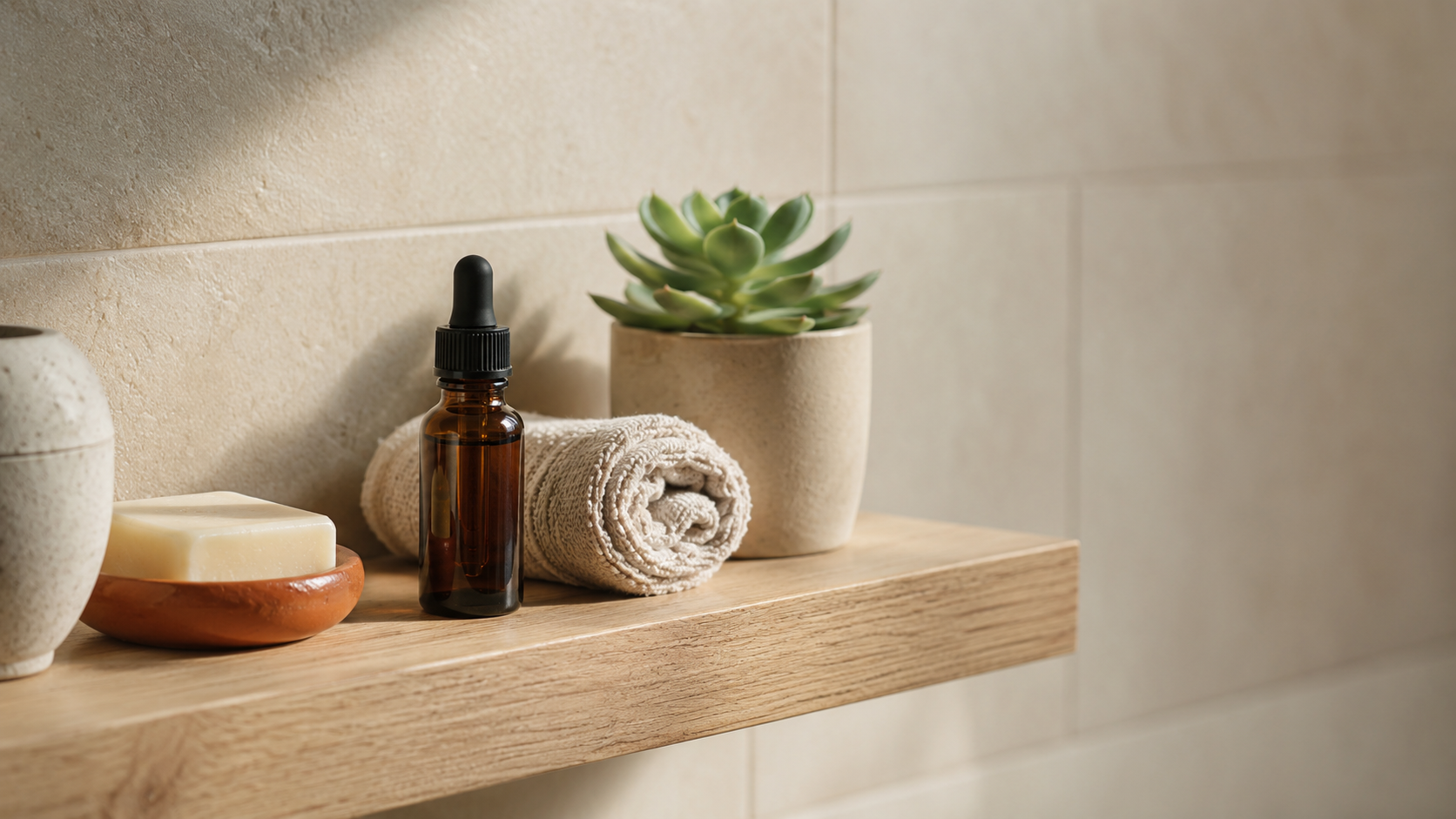 CBD-Ölflasche auf einem schlichten Badezimmerregal mit Handtuch, Seife und kleiner Sukkulente als Symbol für legale HHC-Alternativen im Alltag.