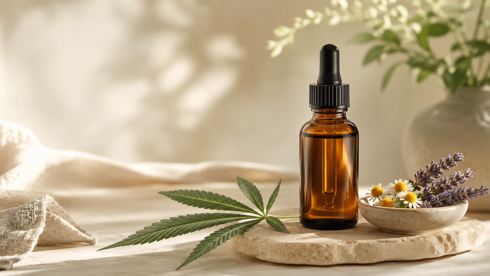 Amber CBD oil dropper bottle on a warm neutral surface beside chamomile flowers, lavender, and a single hemp leaf in a calm, natural wellness editorial setting with soft daylight and generous copy space.