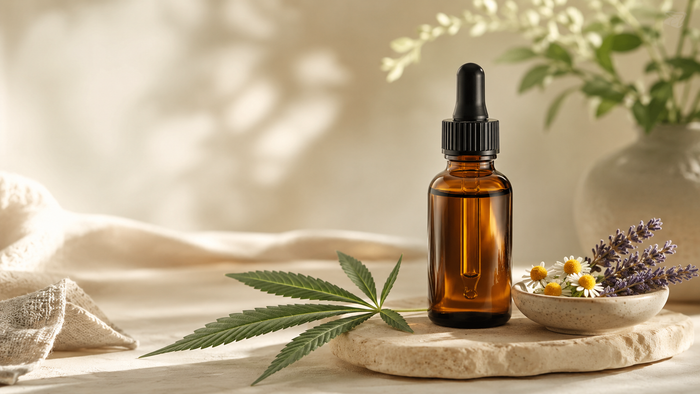 Amber CBD oil dropper bottle on a warm neutral surface beside chamomile flowers, lavender, and a single hemp leaf in a calm, natural wellness editorial setting with soft daylight and generous copy space.
