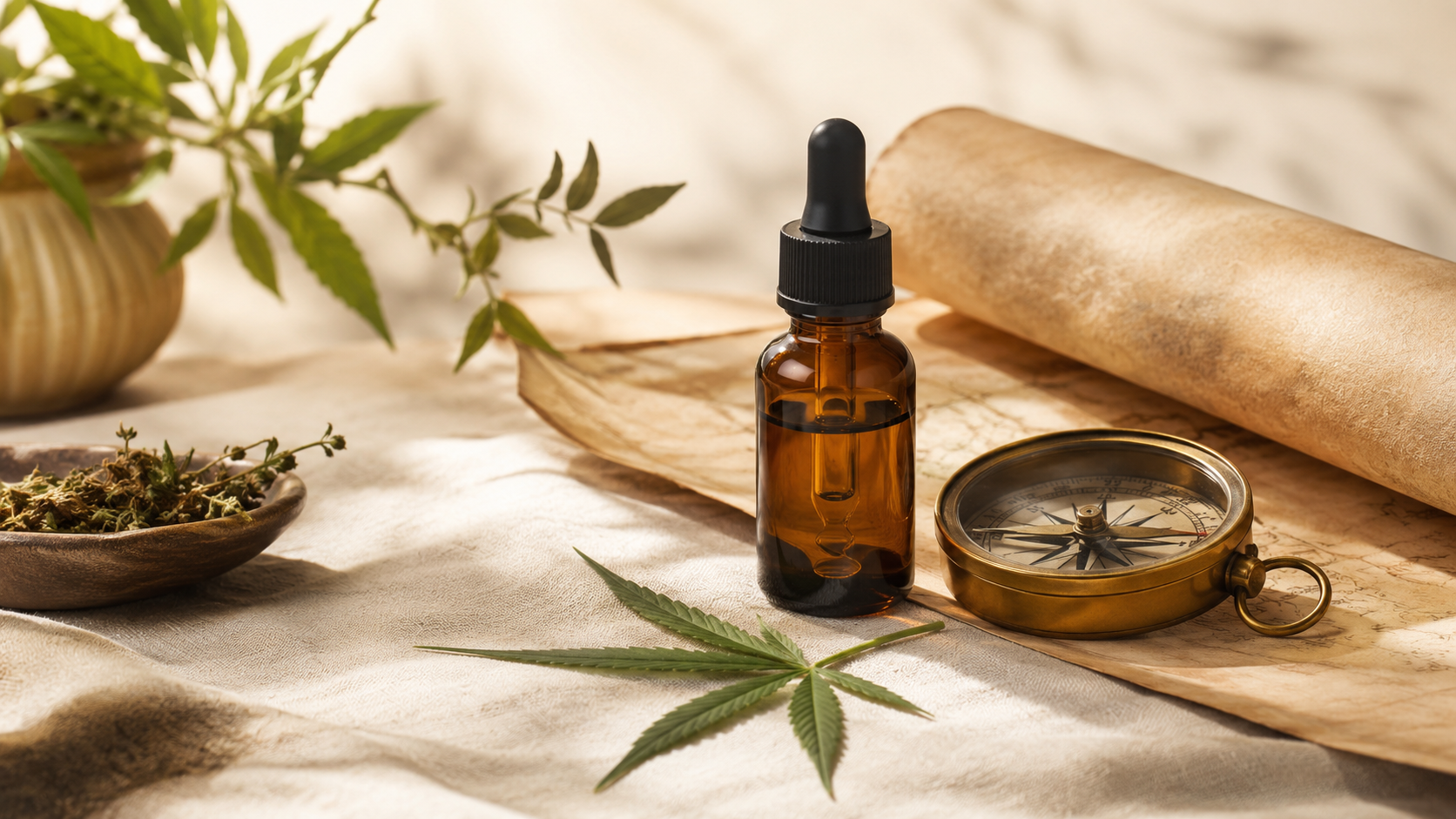CBD-Öl-Flasche mit Kompass, Hanfblatt und gerollter Papierkarte als Symbol für die rechtliche Situation von CBD in Italien.