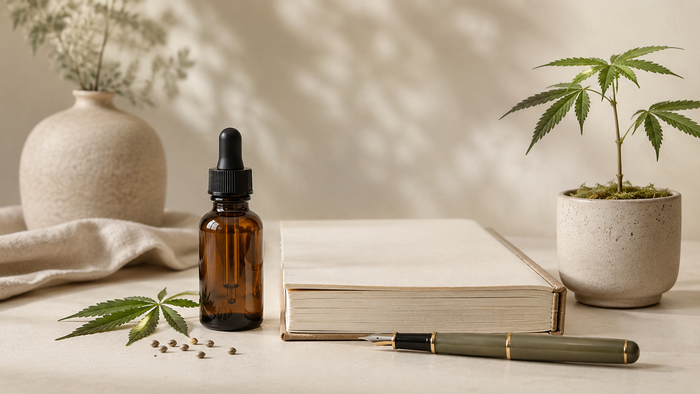 CBD-Öl-Flasche neben einem geschlossenen Notizbuch, Füllfederhalter und einer kleinen Hanfpflanze in einer ruhigen, minimalistischen Stillleben-Komposition zur aktuellen Rechtslage von CBD in Deutschland 2026.