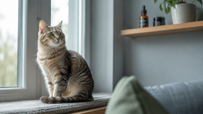 Aufmerksame Hauskatze auf einer Fensterbank in einem ruhigen Zuhause, während ein Hanfprodukt unscharf und sicher außer Reichweite im Hintergrund steht.