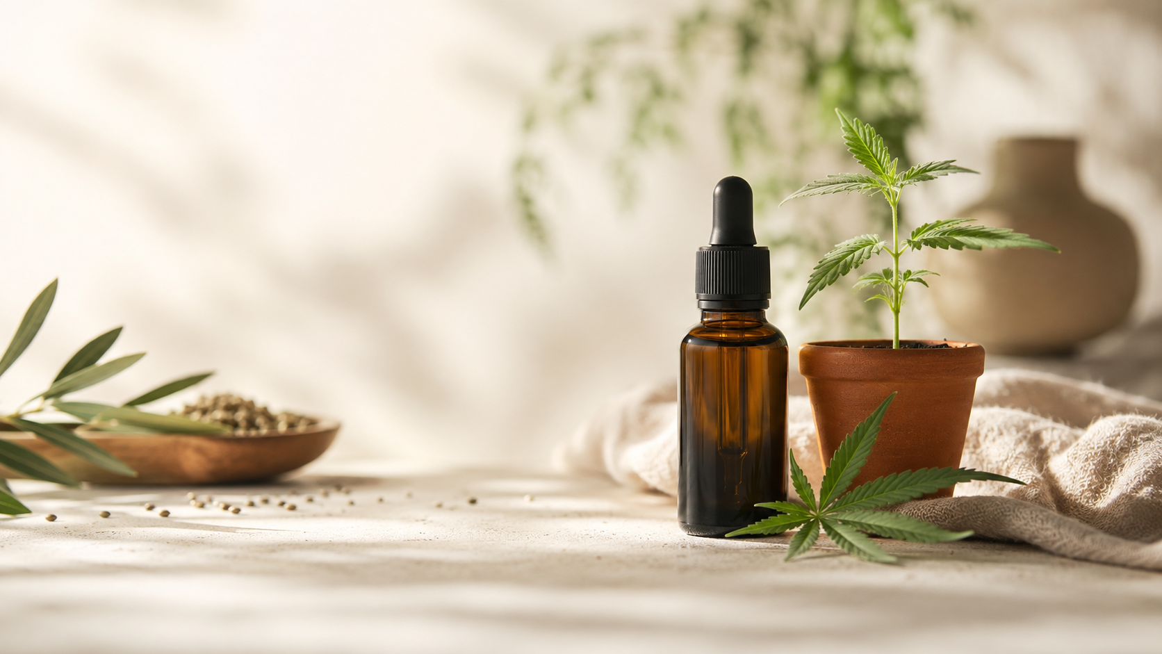 CBD Öl Flasche neben jungem Hanfkeimling im Terrakottatopf als Symbol für die Zukunft und Entwicklung des CBD-Marktes