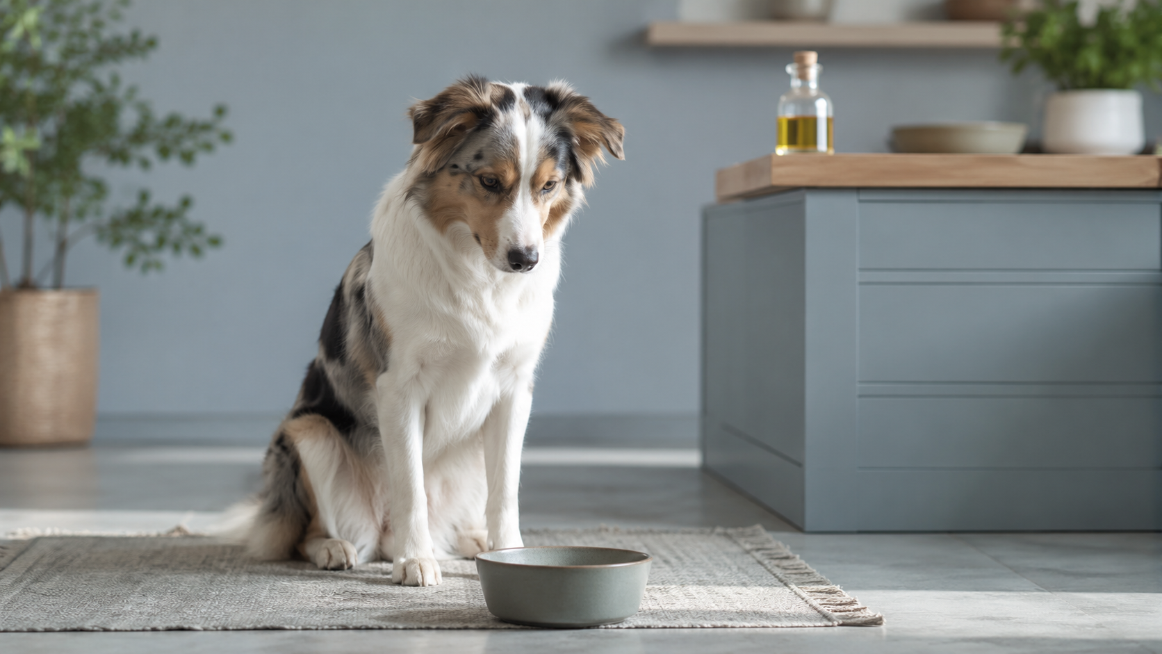 Aufmerksamer Hund sitzt auf einem weichen Teppich neben einem Keramiknapf in einer hellen Küche, während eine kleine Glasflasche mit MCT-Öl unscharf im Hintergrund steht.