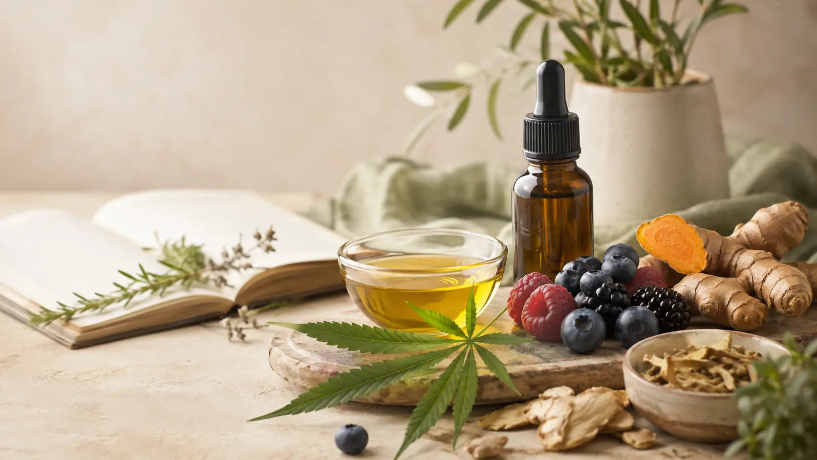 Natural still life with antioxidant-rich berries, turmeric, ginger, hemp leaf, and CBD oil arranged on a warm wooden surface beside an open booklet, illustrating oxidative stress prevention in a calm wellness setting.
