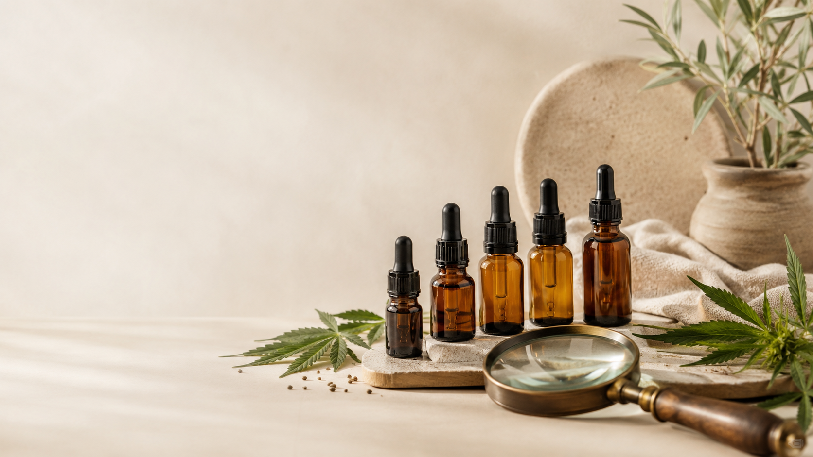 Mehrere CBD-Öl-Fläschchen aus Braunglas mit einer Lupe und Hanfblättern auf einem hellen Holztisch – symbolische Darstellung einer sorgfältigen Produktbewertung und eines objektiven CBD-Öl-Vergleichs.