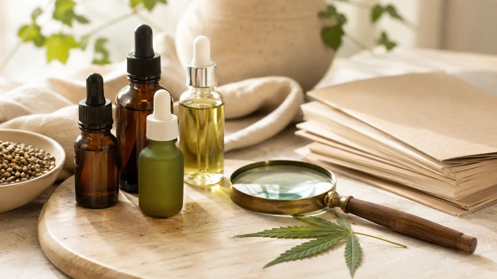 Mehrere CBD-Öl-Flaschen neben einer Lupe und schlichten Testunterlagen auf hellem Holztisch als Symbol für unabhängige Qualitätsprüfung und Produktvergleich.