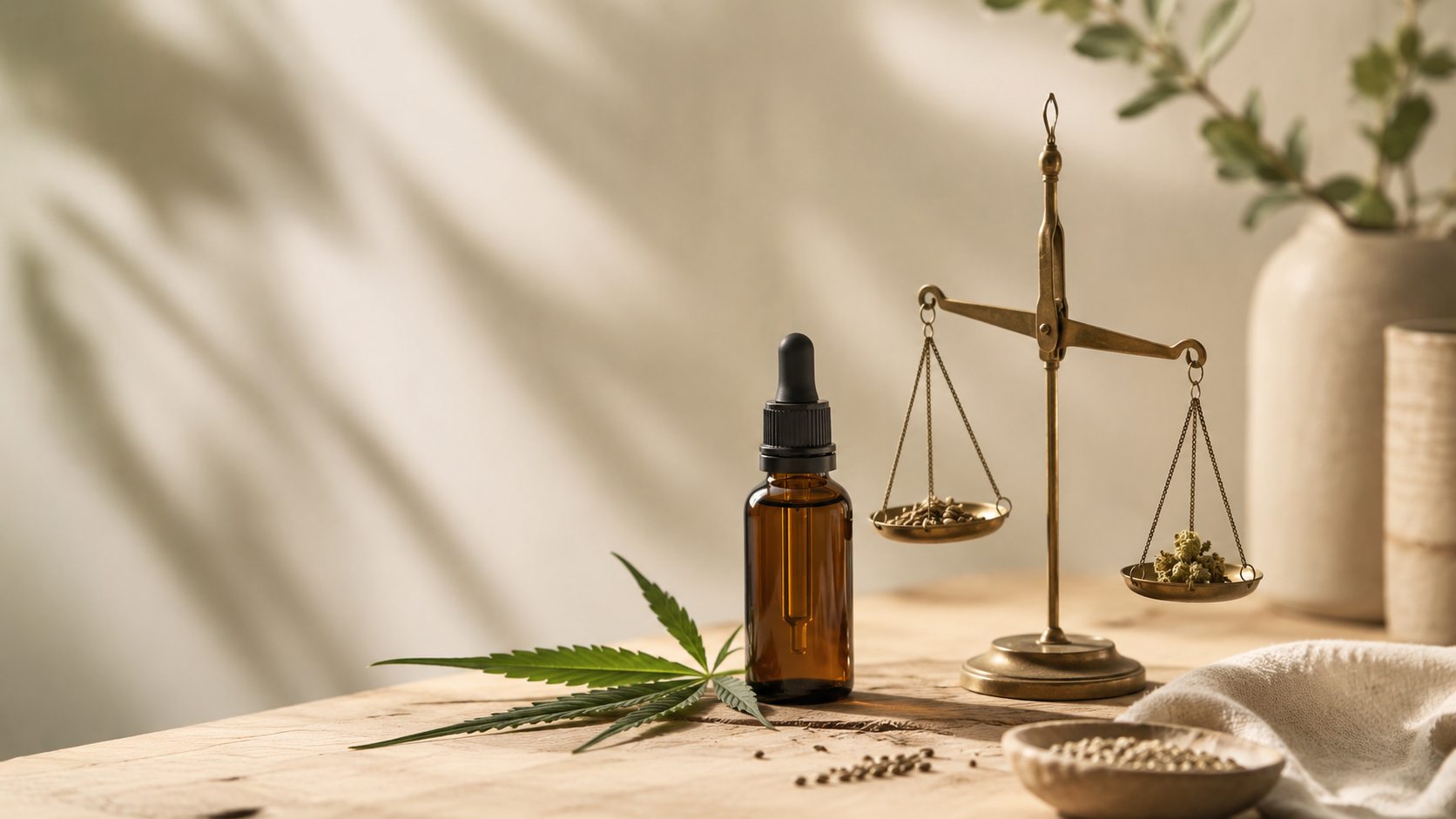 Amber CBD oil dropper bottle beside a small brass balance scale and fresh hemp leaf on a warm wooden surface, symbolizing THCP potency and legal considerations in a calm editorial wellness setting.