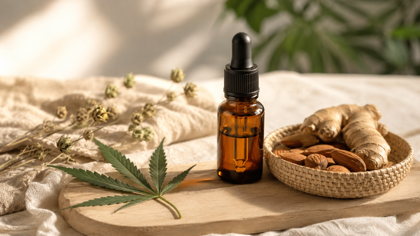 Amberfarbene CBD-Öl-Pipettenflasche neben einer kleinen Schale mit Mandeln und frischem Ingwer sowie einem einzelnen Hanfblatt in einer warmen, natürlichen Wellness-Komposition, die Fokus und achtsames Wohlbefinden symbolisiert.