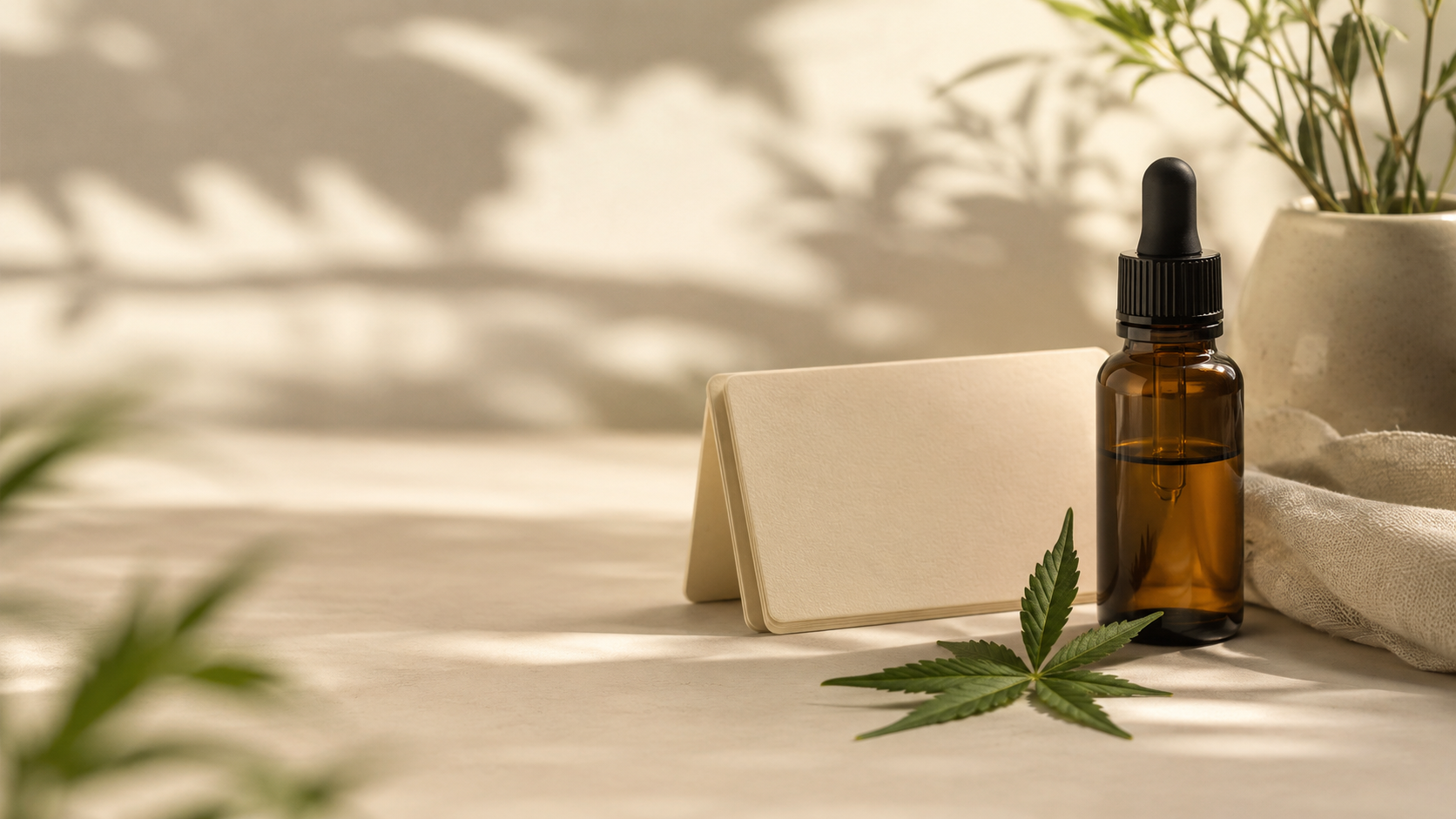 Amber CBD oil dropper bottle beside blank note cards and a fresh hemp leaf on a warm natural surface, symbolizing THCV information, legal considerations, and risks in a calm editorial wellness setting.