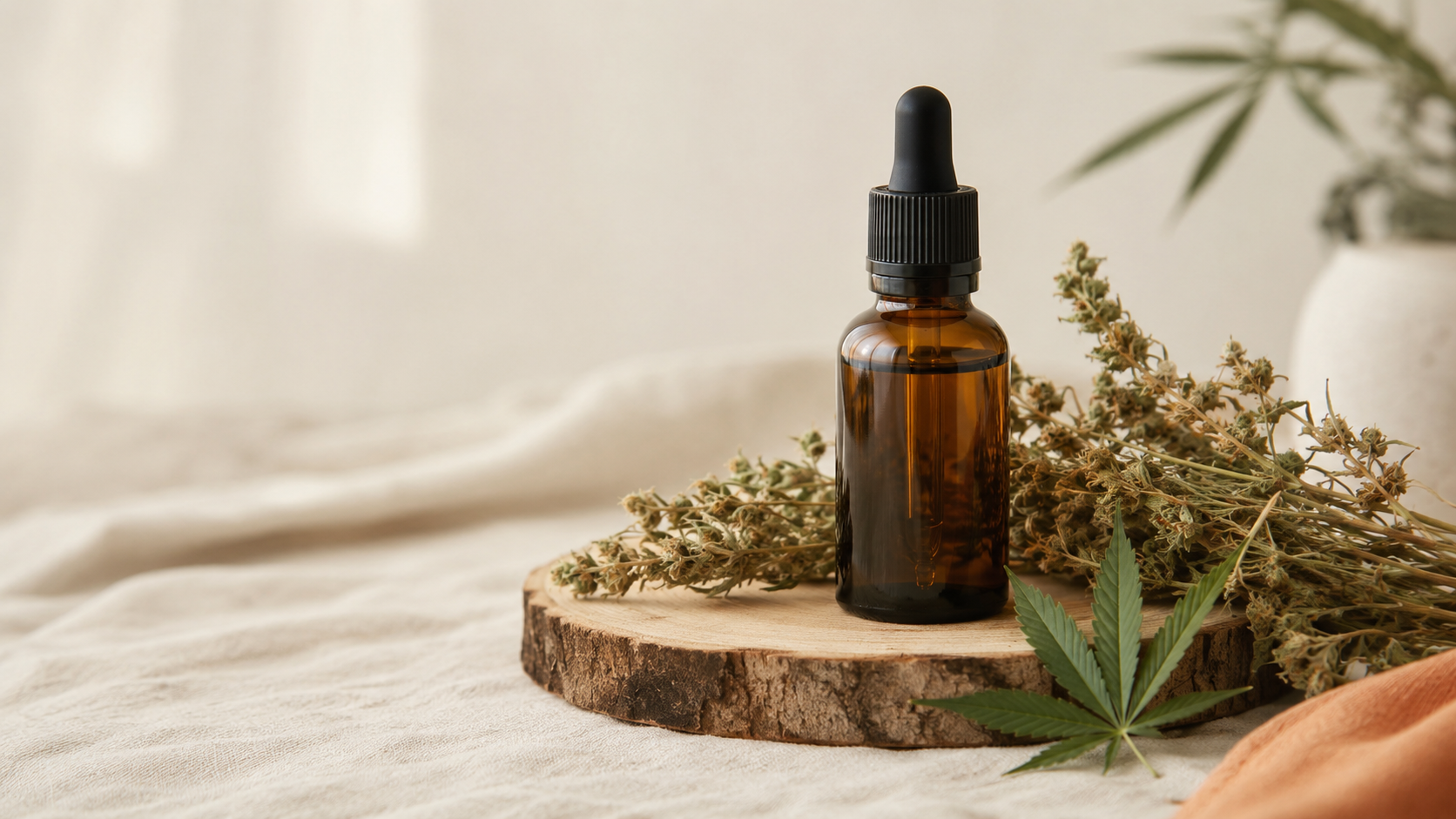 Amber CBD oil dropper bottle on a raw wooden slice with dried hemp and a fresh hemp leaf in warm natural light, symbolizing the craftsmanship and quality behind CBD oil pricing.